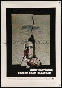 3f202 ESCAPE FROM ALCATRAZ linen 1sh '79 cool artwork of Clint Eastwood busting out by Lettick!