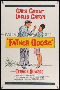 3f204 FATHER GOOSE linen 1sh '65 art of sea captain Cary Grant yelling at pretty Leslie Caron!