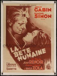 3f065 LA BETE HUMAINE linen French 24x32 R40s Jean Renoir, different art of Gabin & Simone Simon!