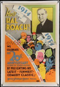 3f236 HAIL HAL ROACH linen 1sh '34 sensational Al Hirschfeld art of Laurel & Hardy, Our Gang & more!