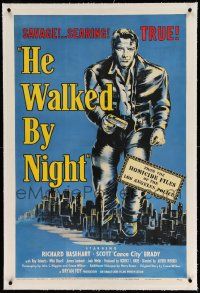 3f237 HE WALKED BY NIGHT linen 1sh '48 documentary style police manhunt for Los Angeles killer!