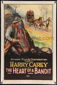 3f238 HEART OF A BANDIT linen 1sh R20s great stone litho of bad Harry Carey ambushing a stagecoach!