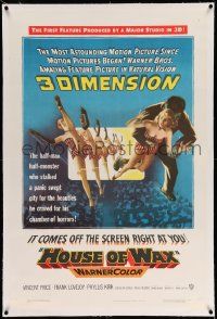 3f244 HOUSE OF WAX linen 3D 1sh '53 artwork of monster & sexy girls kicking off the movie screen!