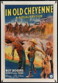 3f251 IN OLD CHEYENNE linen 1sh '41 cowboys Roy Rogers & George Gabby Hayes in Wyoming, cool art!