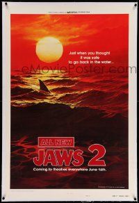 3f255 JAWS 2 linen style B teaser 1sh '78 classic art of shark's fin in red water at sunset!