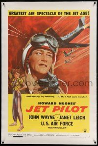 3f257 JET PILOT linen 1sh '57 great artwork of John Wayne, jet-hot thrills, Howard Hughes!