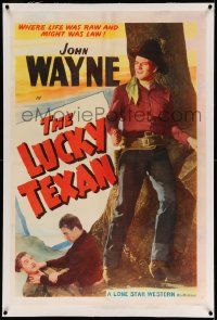 3f259 JOHN WAYNE linen 1sh '40s full-length image of The Duke with gun, The Lucky Texan!