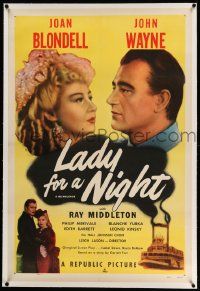 3f271 LADY FOR A NIGHT linen 1sh R50 headshots of John Wayne, Joan Blondell + riverboat!