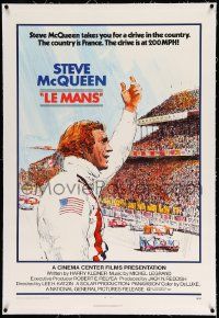 3f274 LE MANS linen 1sh '71 Tom Jung artwork of race car driver Steve McQueen waving at fans!
