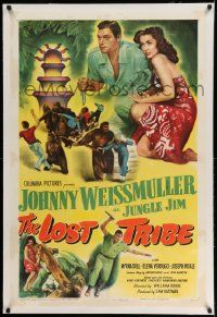 3f280 LOST TRIBE linen 1sh '49 great Cravath art of Johnny Weissmuller as Jungle Jim & Myrna Dell!
