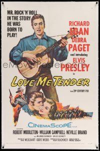 3f283 LOVE ME TENDER linen 1sh '56 1st Elvis Presley, artwork with Debra Paget & playing guitar!