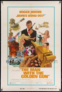 3f286 MAN WITH THE GOLDEN GUN linen 1sh '74 art of Roger Moore as James Bond by Robert McGinnis!