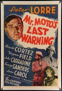 3f294 MR MOTO'S LAST WARNING linen 1sh '39 great artwork of Asian detective Peter Lorre!