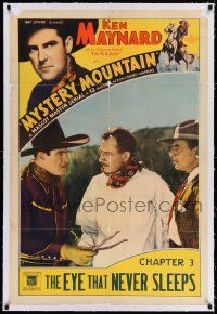 3f299 MYSTERY MOUNTAIN linen chapter 3 1sh '34 cowboy Ken Maynard in The Eye That Never Sleeps!