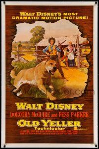 3f309 OLD YELLER linen 1sh '57 Dorothy McGuire, Fess Parker, art of Disney's most classic canine!