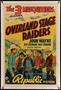3f312 OVERLAND STAGE RAIDERS linen 1sh '38 John Wayne in The Three Mesquiteers w/Corrigan & Terhune