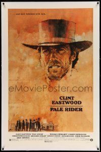 3f313 PALE RIDER linen 1sh '85 great artwork of cowboy Clint Eastwood by C. Michael Dudash!