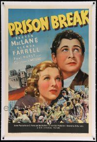 3f317 PRISON BREAK linen 1sh '38 artwork of Barton MacLane & Glenda Farrell above prison riot!