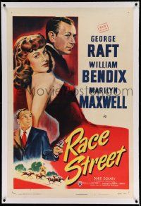 3f319 RACE STREET linen 1sh '48 George Raft, sexy Marilyn Maxwell, Bendix w/ gun, horse racing art!