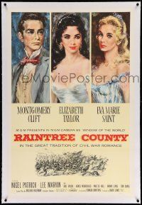 3f322 RAINTREE COUNTY linen 1sh '57 art of Montgomery Clift, Elizabeth Taylor & Eva Marie Saint!