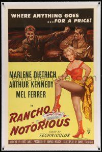 3f323 RANCHO NOTORIOUS linen 1sh '52 Fritz Lang directed, art of sexy Marlene Dietrich showing leg!