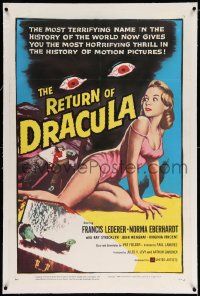 3f325 RETURN OF DRACULA linen 1sh '58 art of sexy girl being watched by creepy vampire eyes!