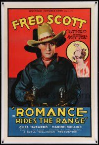 3f331 ROMANCE RIDES THE RANGE linen 1sh '36 great c/u of cowboy Fred Scott pointing two guns!