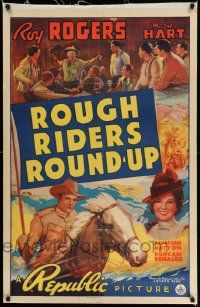 3f332 ROUGH RIDERS' ROUND-UP linen 1sh '39 great art of Roy Rogers riding Trigger, Mary Hart