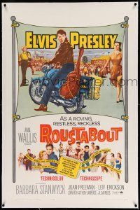 3f334 ROUSTABOUT linen 1sh '64 roving, restless, reckless Elvis Presley on motorcycle with guitar!