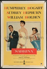 3f338 SABRINA linen 1sh '54 Audrey Hepburn between Humphrey Bogart & William Holden, Billy Wilder!