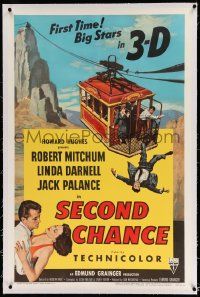 3f340 SECOND CHANCE linen 3D 1sh '53 cool 3-D art of Robert Mitchum, sexy Linda Darnell & cable car