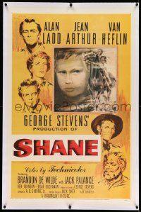 3f345 SHANE linen 1sh '53 classic western, Alan Ladd, Jean Arthur, Van Heflin, Brandon De Wilde