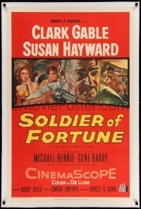 3f351 SOLDIER OF FORTUNE linen 1sh '55 art of Clark Gable shooting gun, plus sexy Susan Hayward!