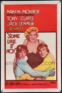 3f352 SOME LIKE IT HOT linen 1sh '59 sexy Marilyn Monroe with Tony Curtis & Jack Lemmon in drag!