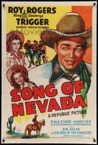3f353 SONG OF NEVADA linen 1sh '44 great artwork of Roy Rogers, Dale Evans & Trigger!