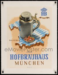 3f021 HOFBRAUHAUS MUNCHEN linen 17x24 German advertising poster '50s cool art of giant beer stein!