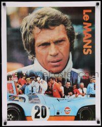 3f113 LE MANS linen 17x22 special '71 Gulf Oil, race car driver Steve McQueen, orange title design!