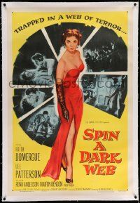 3f356 SPIN A DARK WEB linen 1sh '56 wonderful film noir art of sexy Faith Domergue with gun!