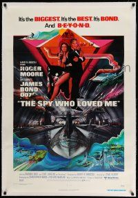 3f357 SPY WHO LOVED ME linen int'l 1sh '77 cool art of Roger Moore as James Bond by Bob Peak!