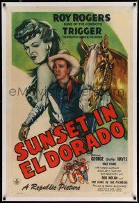 3f363 SUNSET IN EL DORADO linen 1sh '45 cool art of Roy Rogers, Trigger & sexy winking Dale Evans!
