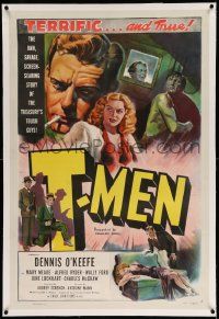 3f379 T-MEN linen 1sh '47 Anthony Mann film noir, cool art of sexy bad girl & man with gun!