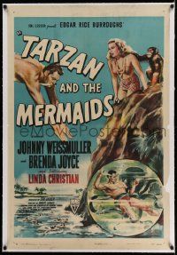3f366 TARZAN & THE MERMAIDS linen 1sh '48 art of Johnny Weissmuller diving & battling octopus!