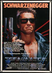 3f368 TERMINATOR linen 1sh '84 classic image of cyborg Arnold Schwarzenegger, no border design!