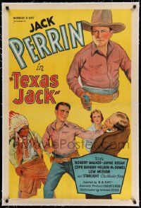 3f369 TEXAS JACK linen 1sh '35 great stone litho of cowboy Jack Perrin beating up the bad guy!