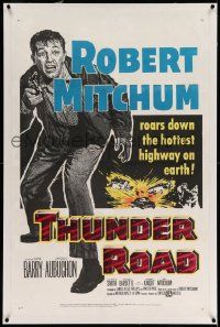 3f377 THUNDER ROAD linen 1sh '58 great artwork of scared moonshiner Robert Mitchum pointing gun!