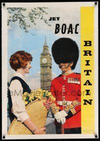 3f007 BOAC BRITAIN linen 21x31 English travel poster 1970s c/u of Queen's Guard & woman by Big Ben!