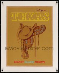 3f003 BRANIFF INTERNATIONAL AIRWAYS TEXAS linen 20x26 travel poster '60s art of saddle & cowboy hat