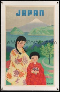 3f009 JAPAN linen 25x41 Japanese travel poster '50s great art of girls by Mt. Fuji!