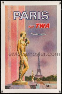 3f001 TWA PARIS linen 25x40 travel poster '50s David Klein art of golden statues & Eiffel Tower!