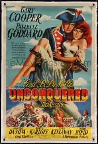 3f387 UNCONQUERED linen 1sh '47 art of Gary Cooper holding Paulette Goddard & two guns!